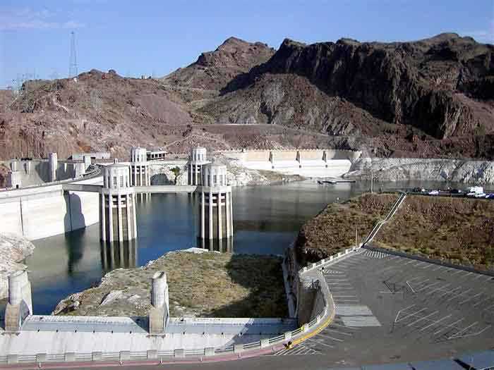 View of Hoover Dam, Lake Mead and the mountains around it
